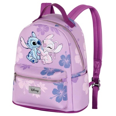 Mochila infantil rosa com personagens Disney Stitch e Angel e padrão floral