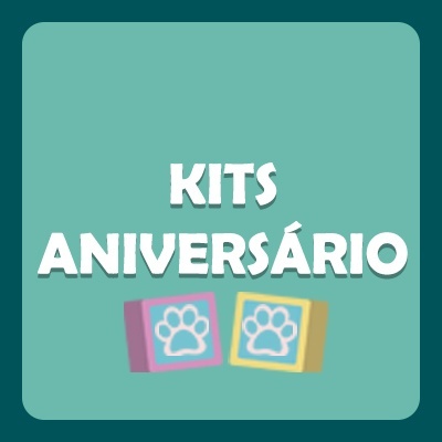 Texto KITS ANIVERSÁRIO com dois quadros coloridos contendo patinhas brancas