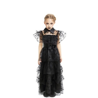 Vestido longo preto para criança com folhos e renda