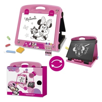Quadro infantil rosa com desenhos da Minnie e acessórios para desenho.