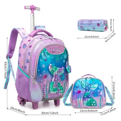 Mochila de rodas, bolsa e estojo com design de cauda de sereia e conchas em tons azuis e roxos