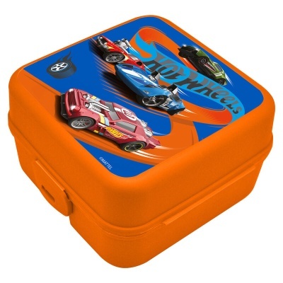 Caixa de plástico laranja com tampa azul e carros Hot Wheels ilustrados