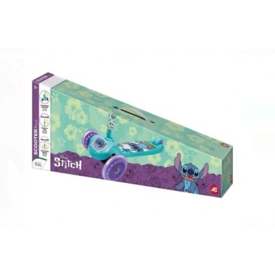 caixa de scooter infantil azul com personagem Stitch em fundo verde e roxo