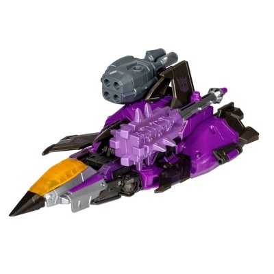 Veículo de brinquedo preto e roxo com canhão e símbolo Decepticon