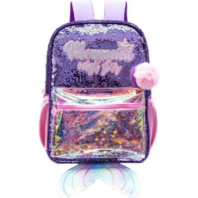 Mochila roxa com lantejoulas, bolso transparente, pompom rosa e texto bordado