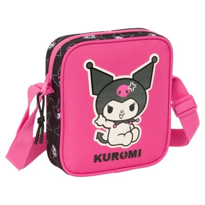 Mala pequena rosa com personagem Kuromi e alça ajustável.