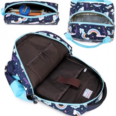 Mochila e estojo escolares com padrão de unicórnios e arco-íris em azul e castanho