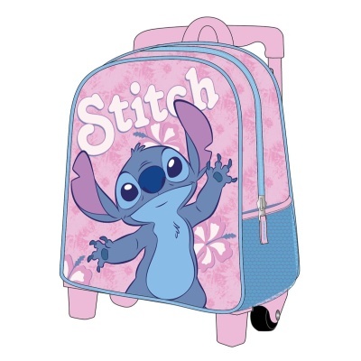 Mala infantil rosa e azul com personagem Stitch e rodas