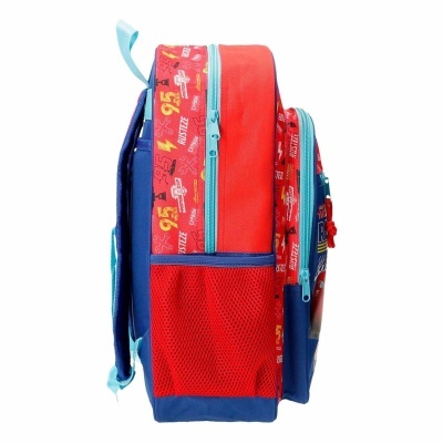 Mochila vermelha, azul e turquesa com padrão tema Cars e bolsos em rede.