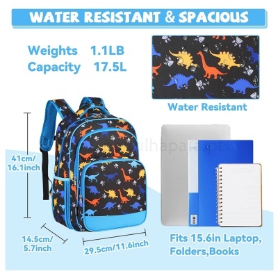 Mochila padrão dinossauros coloridos, azul claro, resistente à água, dimensões visíveis