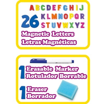 Letras magnéticas coloridas com marcador apagável azul e esponja azul