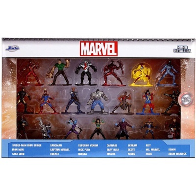 Conjunto de figuras de ação Marvel metálicas em embalagem com logo MARVEL