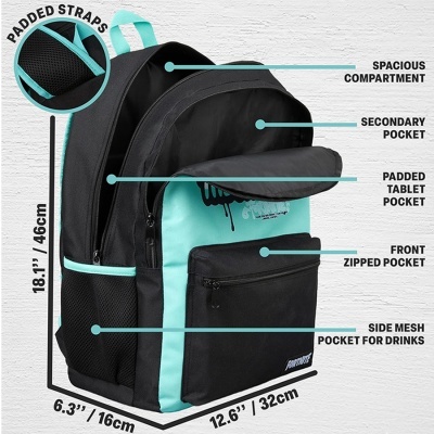Mochila preta e azul clara com vários bolsos descritos