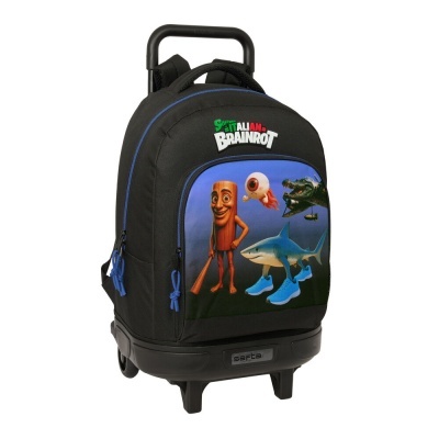 Mochila preta com rodas e personagens animados coloridos na frente