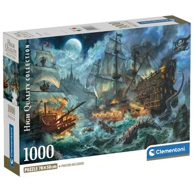 Caixa de puzzle Clementoni 1000 peças com imagem de navios em batalha no mar à noite