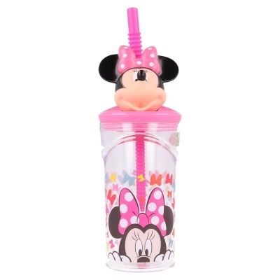 Copo transparente com tampa e canudo rosa com tema Minnie Mouse