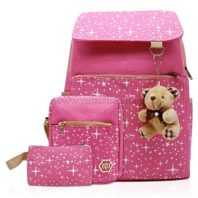 Conjunto rosa de mochila, mala de ombro e estojo com padrão de estrelas brancas e ursinho de pelúcia