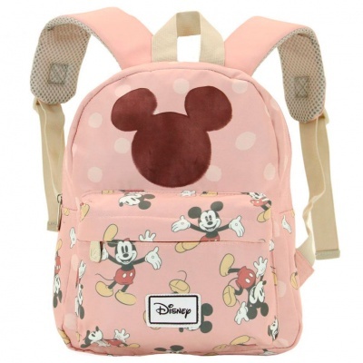 Mochila infantil rosa com padrão de Mickey Mouse e logo Disney