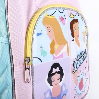 Mochila infantil rosa e azul claro com ilustrações das princesas Disney Aurora, Bela e Branca de Neve