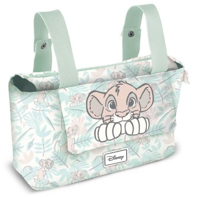 Bolsa Disney com padrão de folhas e imagens do personagem Simba em tons pastel azul e bege