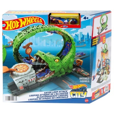 Brinquedo Hot Wheels Gator Loop Attack com pista verde em forma de crocodilo e carro azul numa caixa