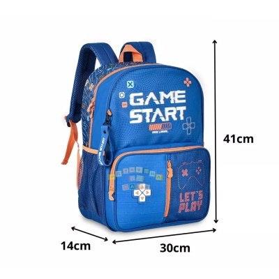 mochila azul com texto GAME START e LET'S PLAY