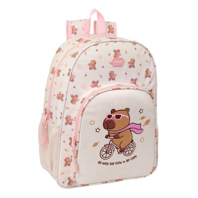 Mochila infantil rosa com padrão de ursos e bolso frontal com urso e texto