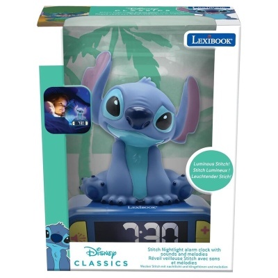 Despertador Disney Stitch azul com visor digital na embalagem