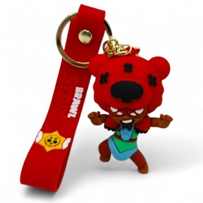 Chaveiro com personagem de borracha vermelha e castanha com pulseira vermelha BRAWL STARS