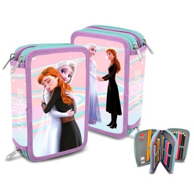 Estojo escolar rosa e lilás com personagens Elsa e Anna de Frozen
