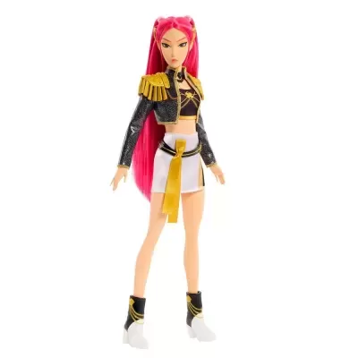Boneca feminina com cabelo rosa e roupa preta, branca e dourada