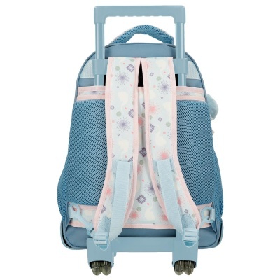 Mochila de rodinhas azul clara com alças cor-de-rosa decoradas com flores coloridas
