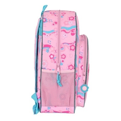 Mochila cor-de-rosa para crianças com padrão de flores e bolsos