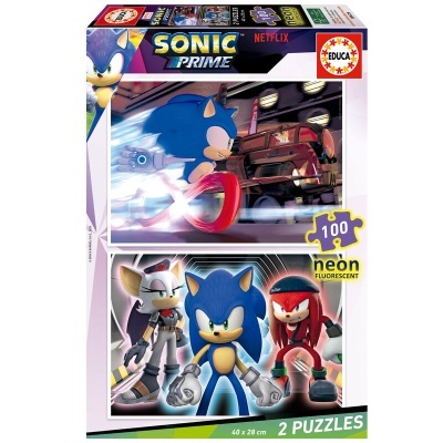 Embalagem de 2 puzzles Neon Fluorescent do Sonic Prime com 3 personagens