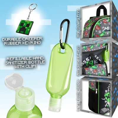 Chaveiro verde estilo Creeper, frasco para álcool gel verde com clip, mochila cinza com padrão colorido e texto 'MINE'.