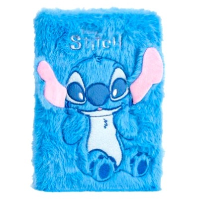 Caderno de capa peluda azul com personagem Stitch bordado