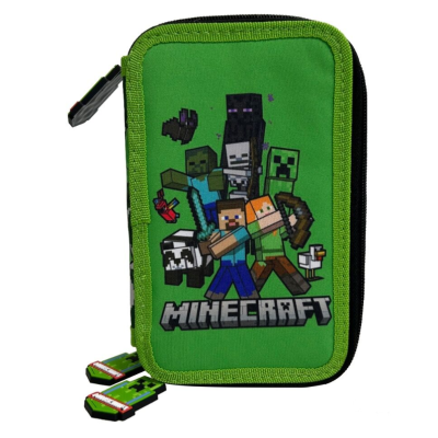 Estojo escolar verde com estampado Minecraft com personagens pixelizados e fecho