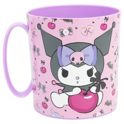 Caneca rosa com personagem de desenho animado e decoração de cerejas.