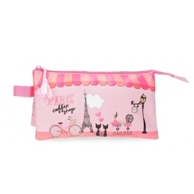 Estojo escolar cor-de-rosa com estampa de Paris e elementos de café