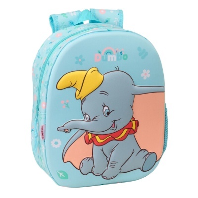 Mochila azul clara com estampa do personagem Dumbo e flores pequenas