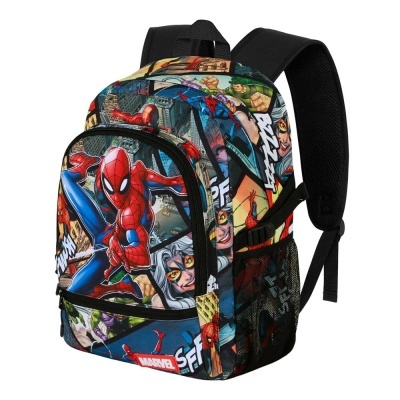 Mochila infantil colorida com personagens Marvel e alças pretas