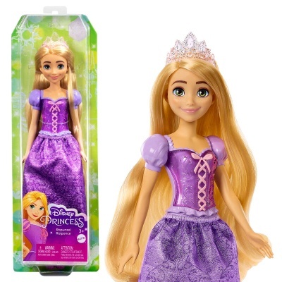Boneca Disney Princess Rapunzel com vestido roxo e coroa em caixa.