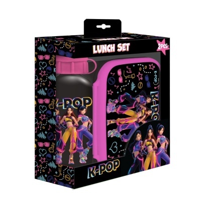 Conjunto de almoço K-POP com garrafa preta e mochila rosa decorados com personagens femininas e símbolos musicais