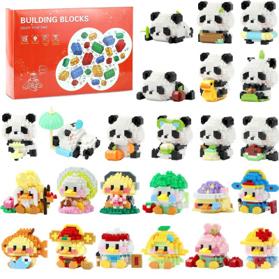 Brinquedos de blocos de construção pequenos com figuras de pandas e patos e caixa vermelha