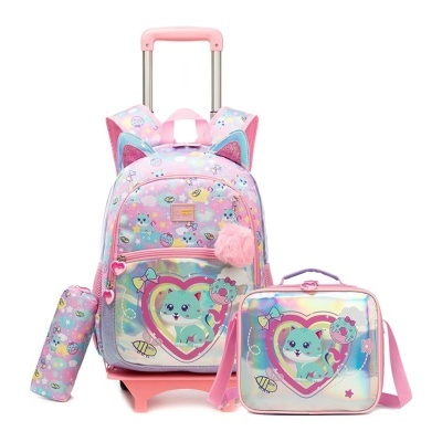 Conjunto de mochila cor-de-rosa com padrão de gato azul, estojo e mochila térmica holográfica