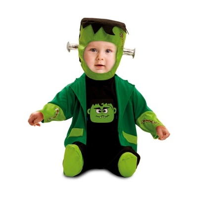 Bebé vestido com fato Frankenstein verde e preto com capuz e parafusos prateados