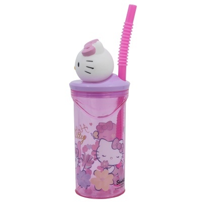 Copo transparente rosa com tampa lilás e decoração da Hello Kitty com palhinha rosa