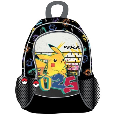 Mochila preta com design colorido de Pikachu e Pokébolas e bolsos laterais em rede