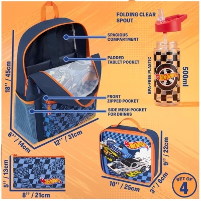Conjunto Hot Wheels de mochila, garrafa, lancheira e carteira com design azul, laranja e vermelho