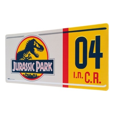 Placa metálica temática Jurassic Park com cores cinzento, amarelo, vermelho e azul escuro